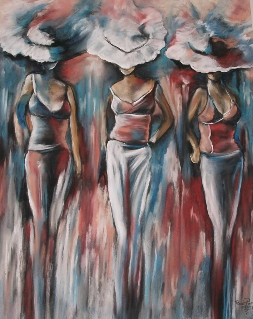 Drei Frauen mit Hut, Bild Nr. 3, Pastellkreide 50x70
